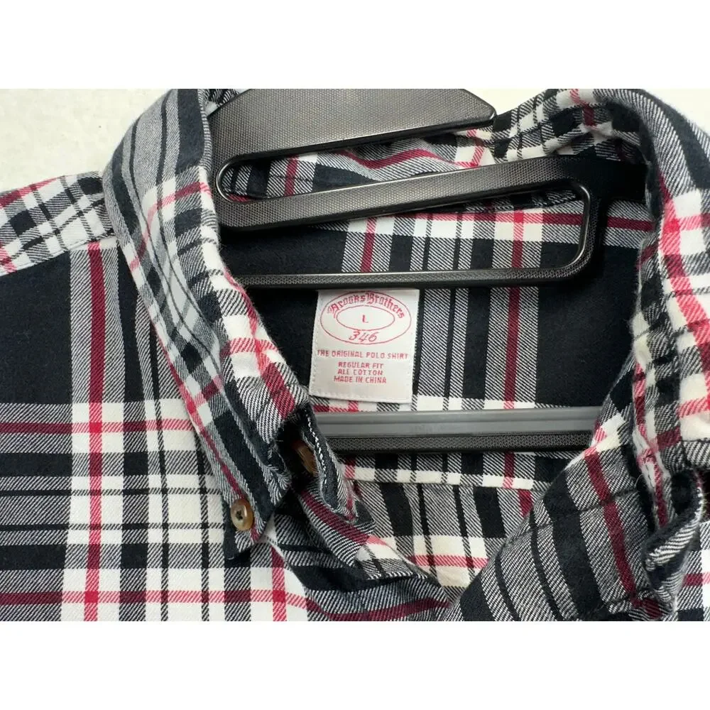 Brooks Brothers 346 L Plaid Button Down Men's Black White Red Cotton Flannel